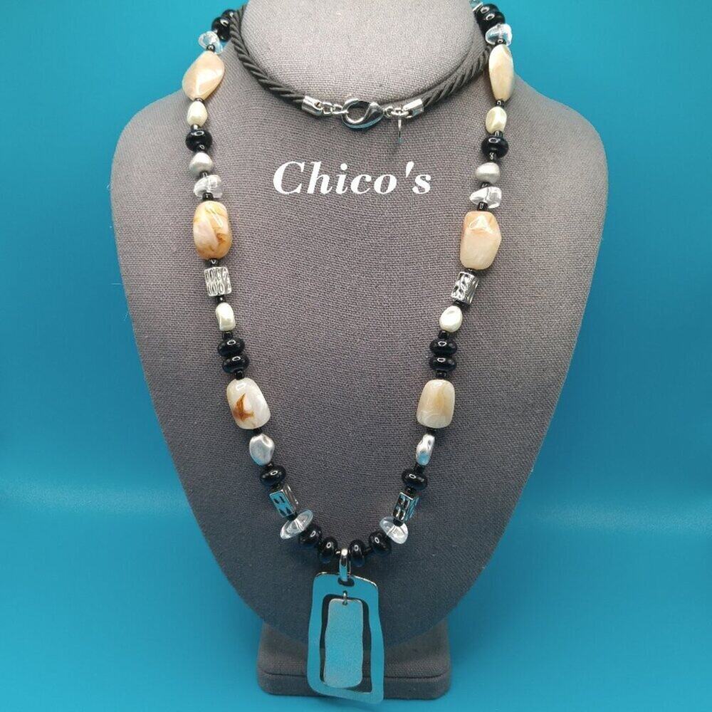 Chico's Long Beaded Necklace, Two Layer Pendant, Lucite Beads, Satin Cord, 34 In
